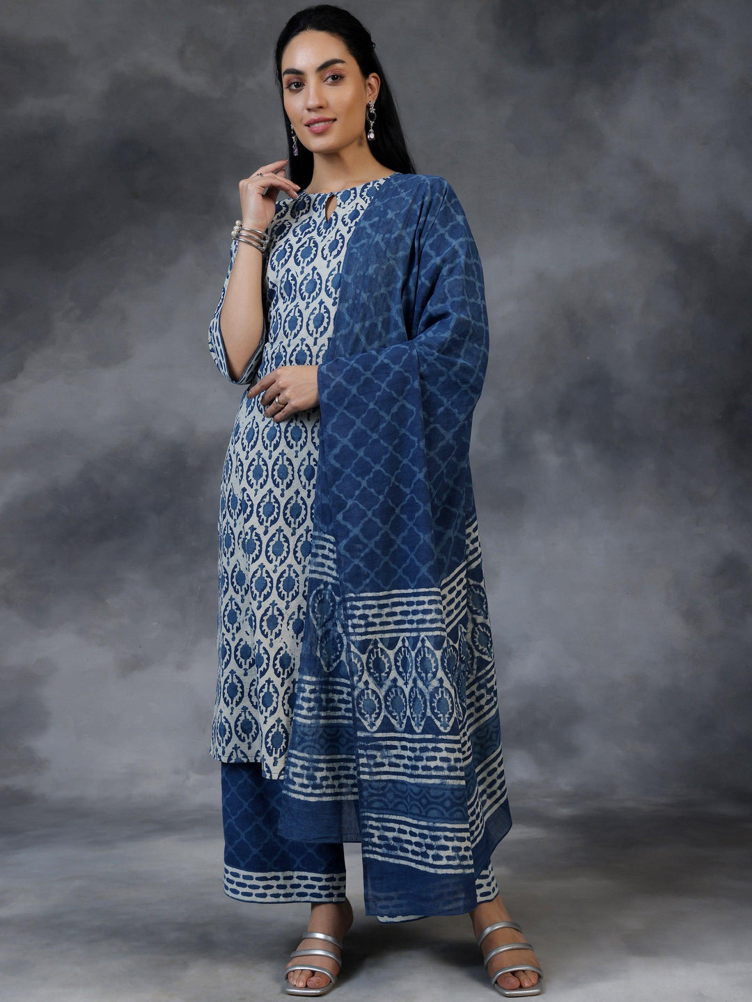 Blue Printed Cotton Straight Suit With Dupatta - Libas 