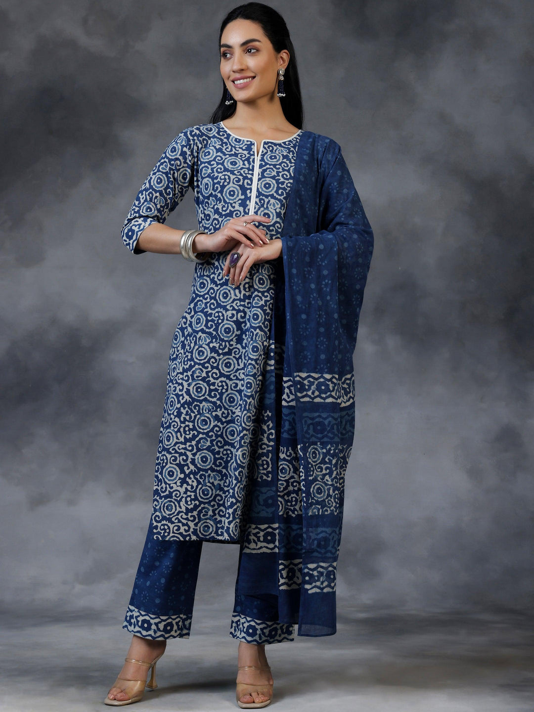 Blue Printed Cotton Straight Suit With Dupatta - Libas 