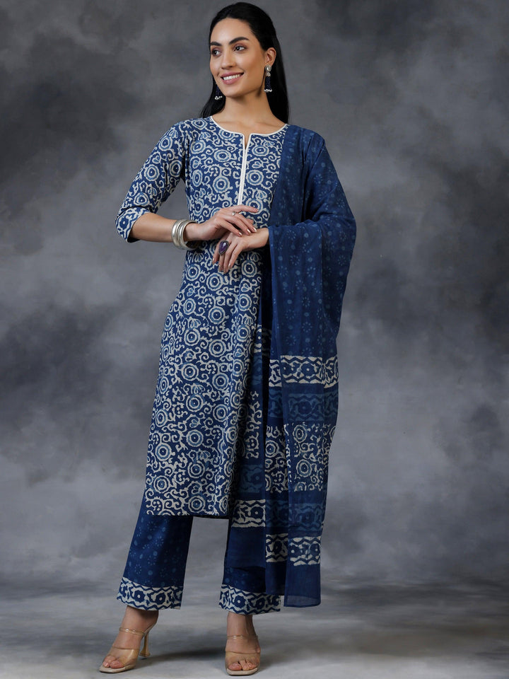 Blue Printed Cotton Straight Suit With Dupatta - Libas