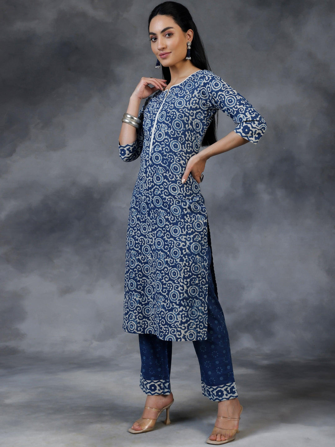 Blue Printed Cotton Straight Suit With Dupatta - Libas 