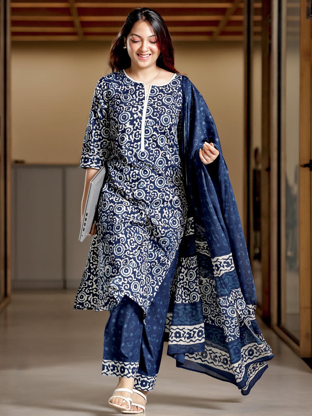 Blue Printed Cotton Straight Suit With Dupatta - Libas