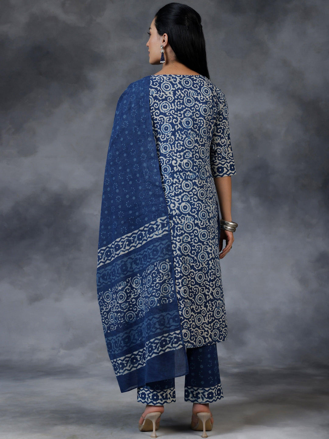 Blue Printed Cotton Straight Suit With Dupatta - Libas