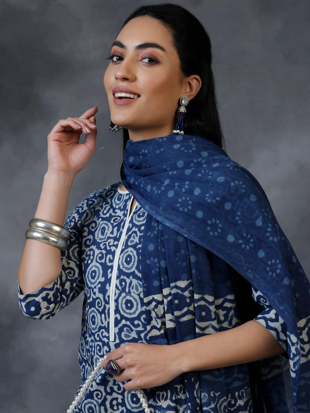 Blue Printed Cotton Straight Suit With Dupatta - Libas 