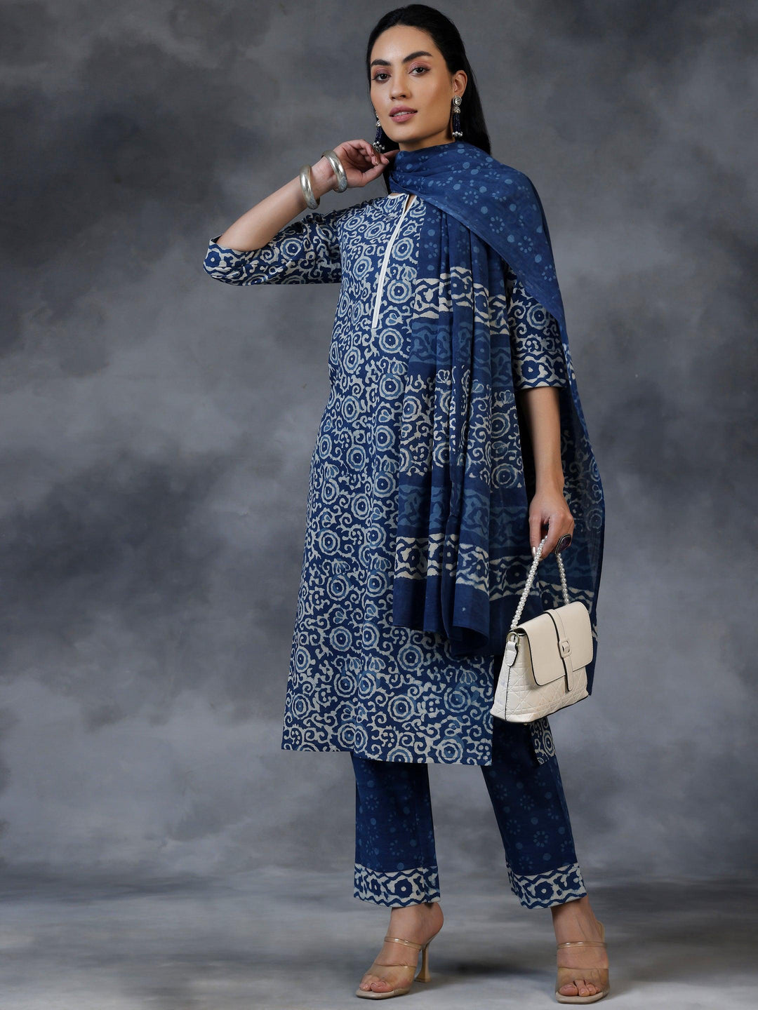 Blue Printed Cotton Straight Suit With Dupatta - Libas 