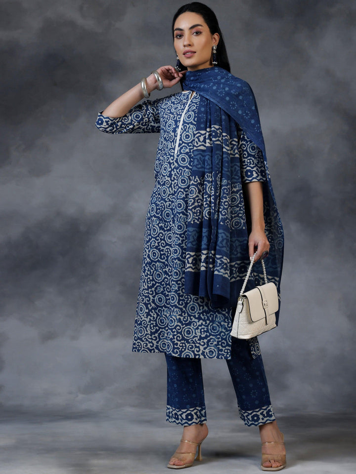 Blue Printed Cotton Straight Suit With Dupatta - Libas