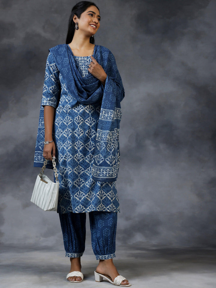 Blue Printed Cotton Straight Suit With Dupatta - Libas