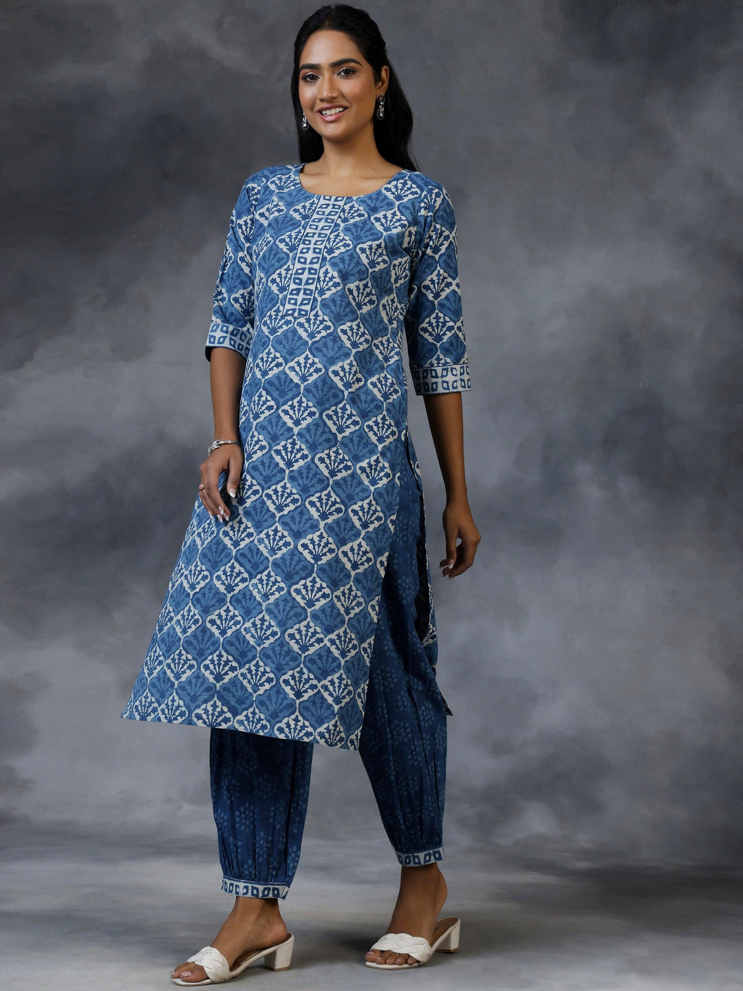 Blue Printed Cotton Straight Suit With Dupatta - Libas