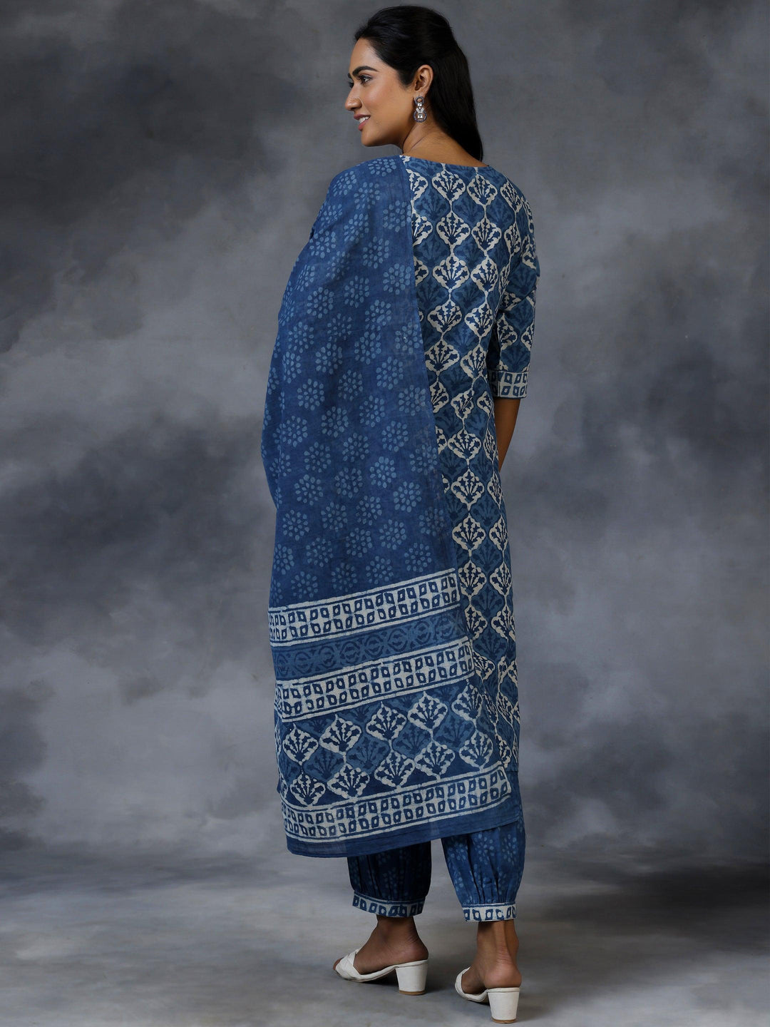 Blue Printed Cotton Straight Suit With Dupatta - Libas