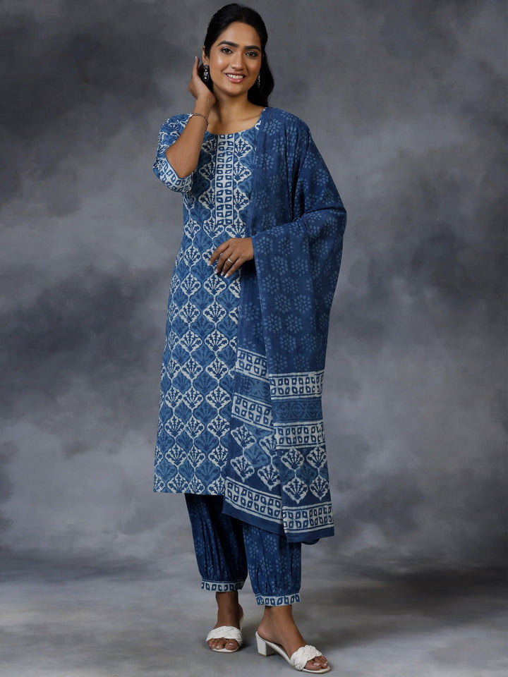 Blue Printed Cotton Straight Suit With Dupatta - Libas