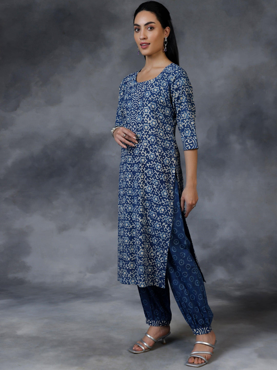 Blue Printed Cotton Straight Suit With Dupatta - Libas