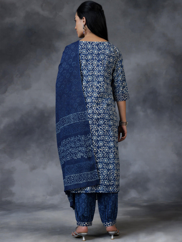 Blue Printed Cotton Straight Suit With Dupatta - Libas