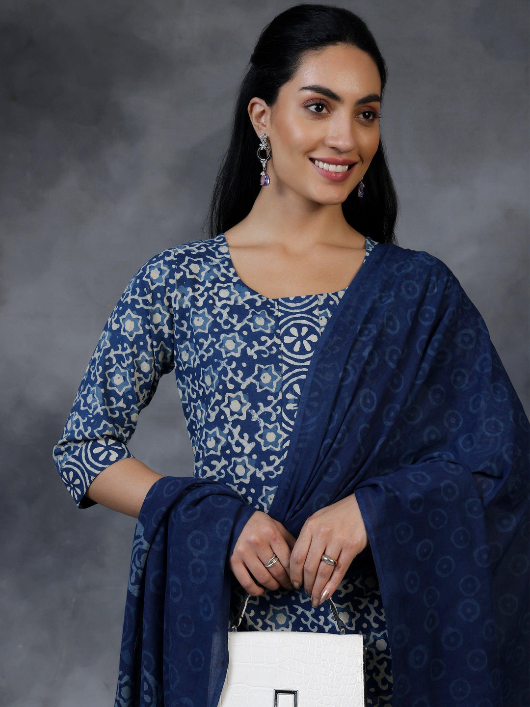 Blue Printed Cotton Straight Suit With Dupatta - Libas