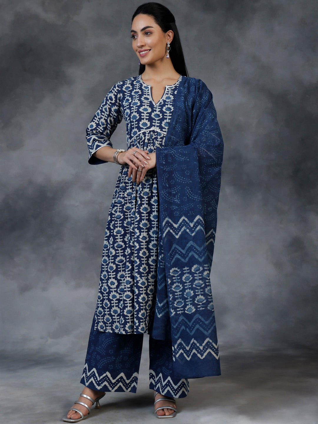 Blue Printed Cotton A-Line Kurta With Palazzos & Dupatta - Libas