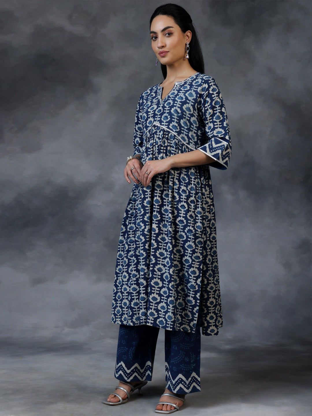 Blue Printed Cotton A-Line Kurta With Palazzos & Dupatta - Libas