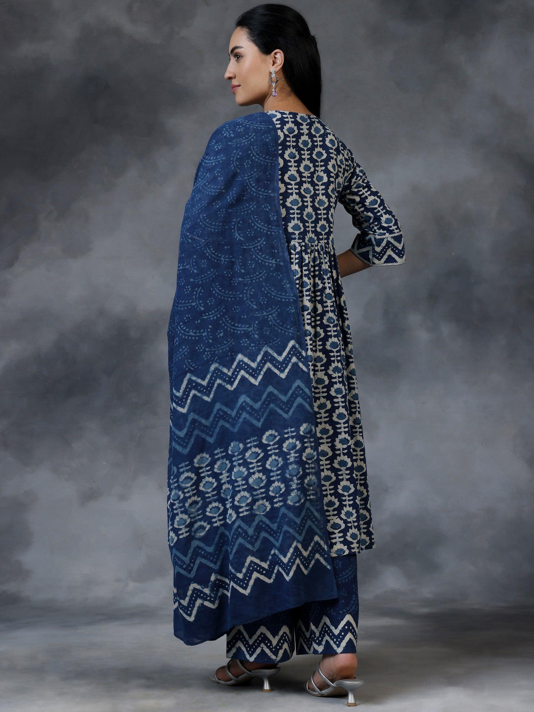 Blue Printed Cotton A-Line Kurta With Palazzos & Dupatta - Libas