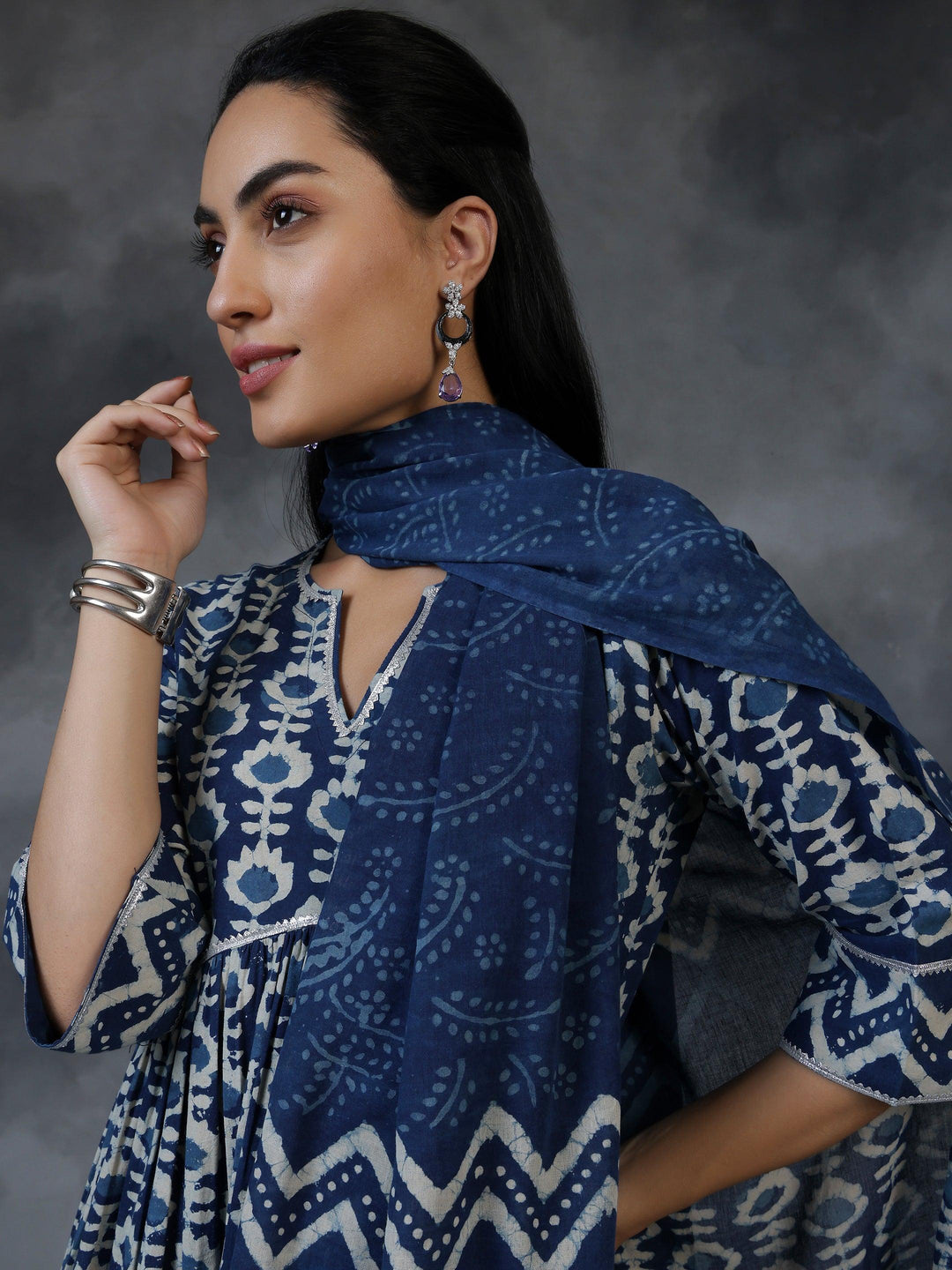 Blue Printed Cotton A-Line Kurta With Palazzos & Dupatta - Libas