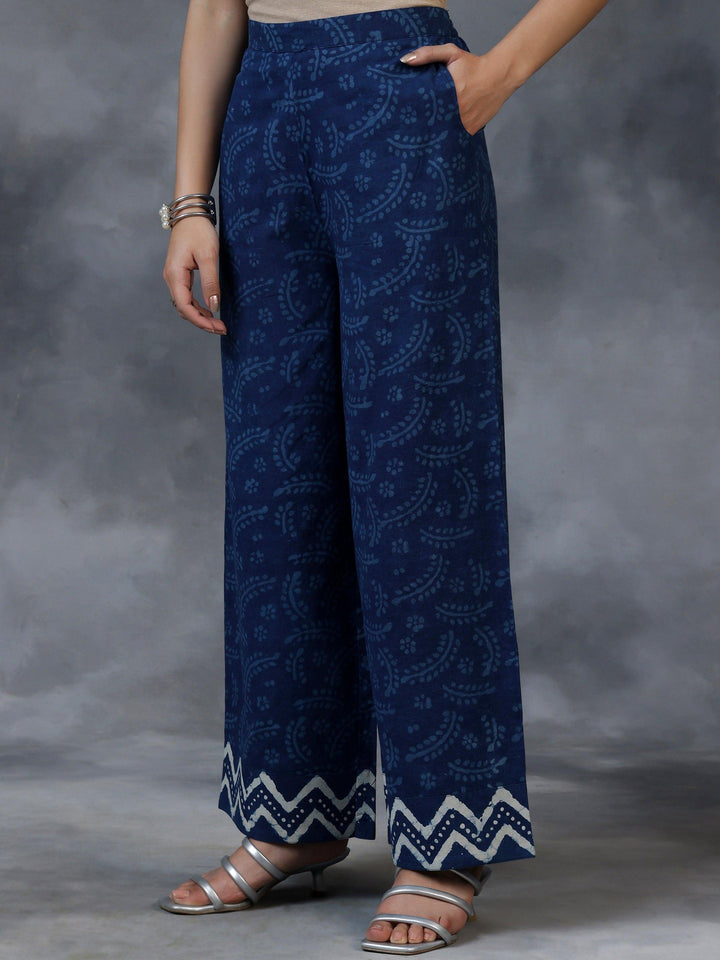 Blue Printed Cotton A-Line Kurta With Palazzos & Dupatta - Libas