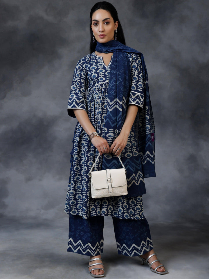 Blue Printed Cotton A-Line Kurta With Palazzos & Dupatta - Libas