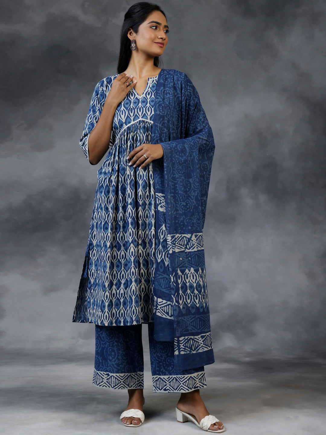 Blue Printed Cotton A-Line Kurta With Palazzos & Dupatta - Libas 