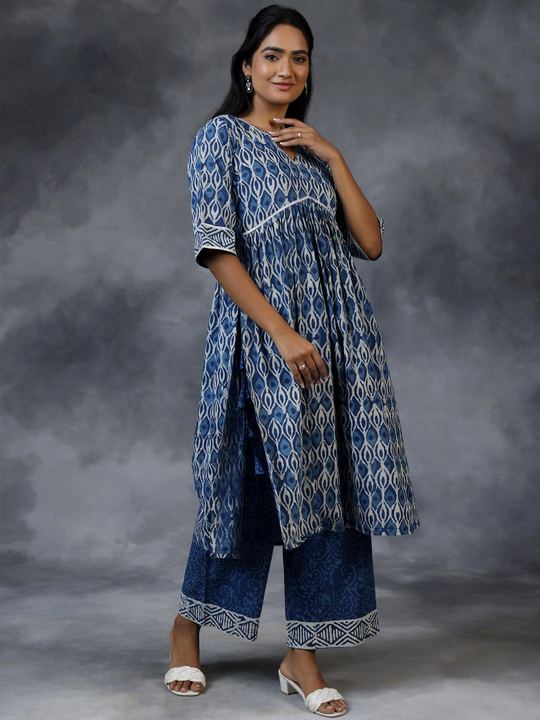 Blue Printed Cotton A-Line Kurta With Palazzos & Dupatta - Libas 