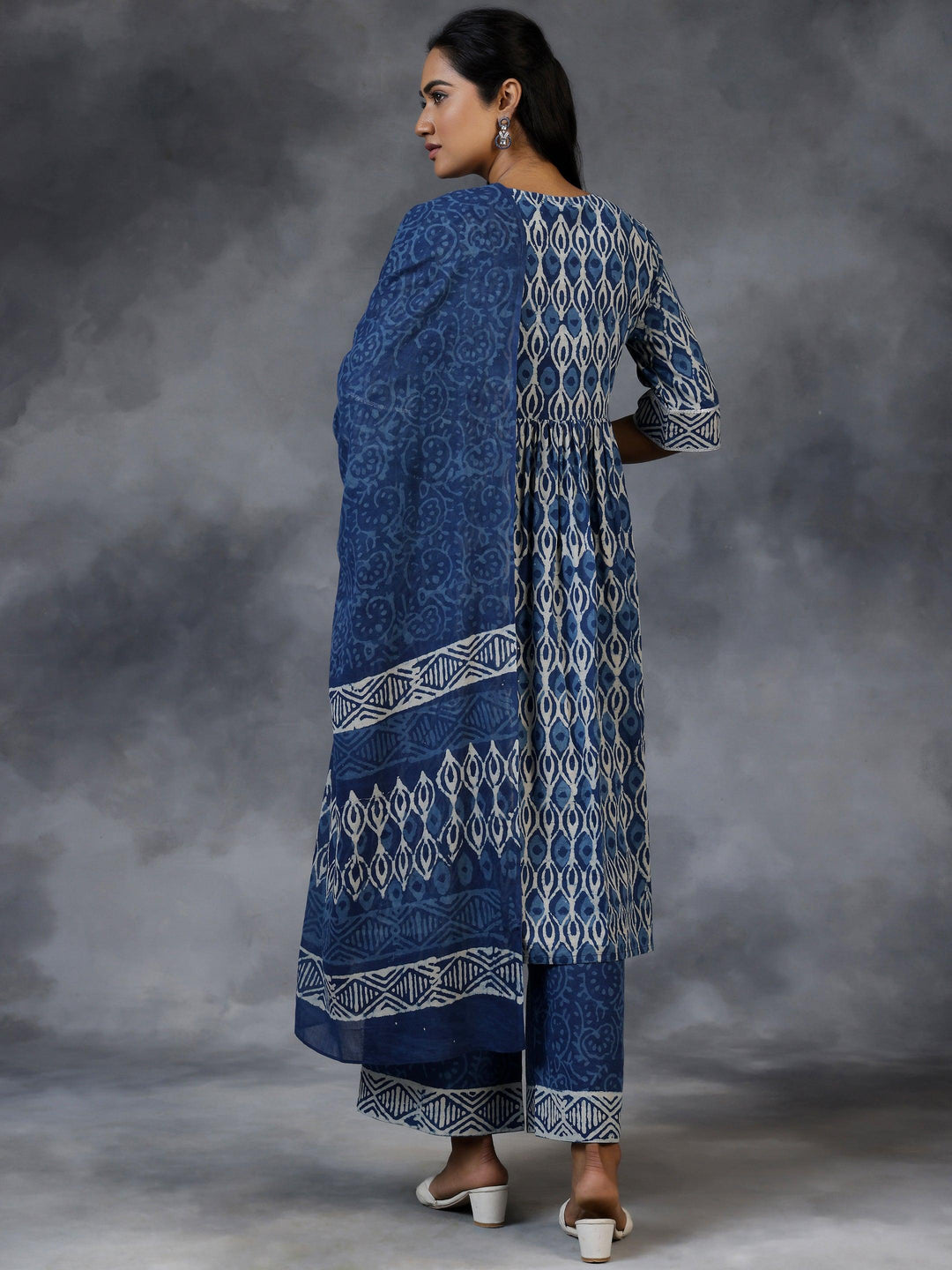 Blue Printed Cotton A-Line Kurta With Palazzos & Dupatta - Libas 