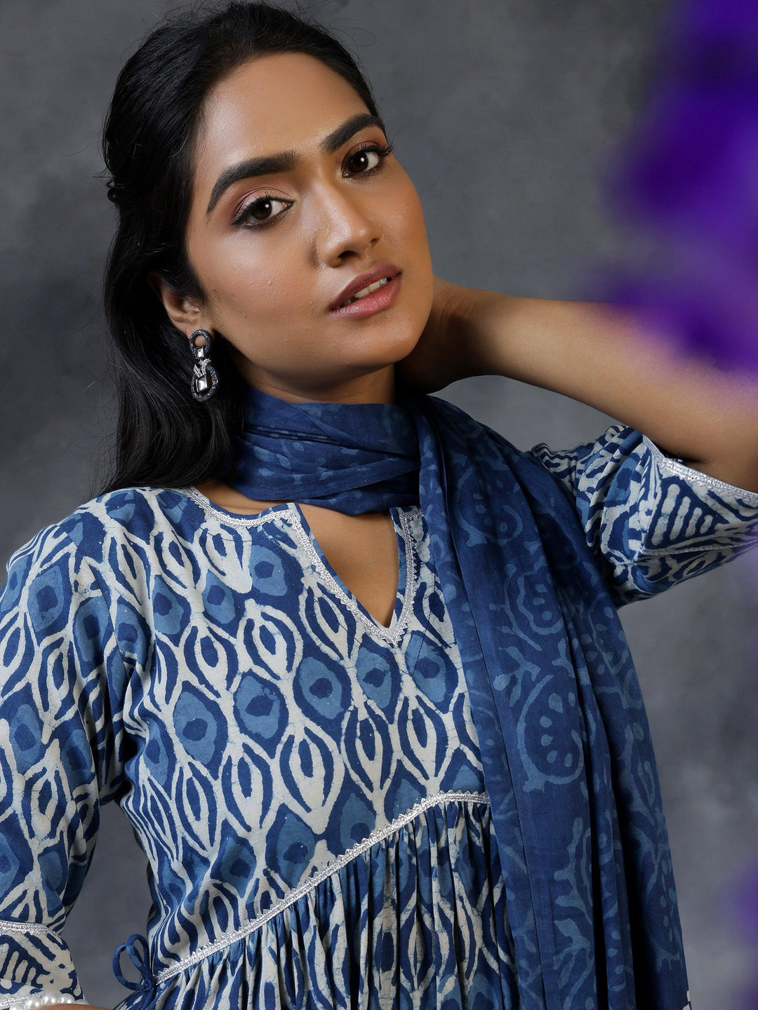 Blue Printed Cotton A-Line Kurta With Palazzos & Dupatta - Libas 