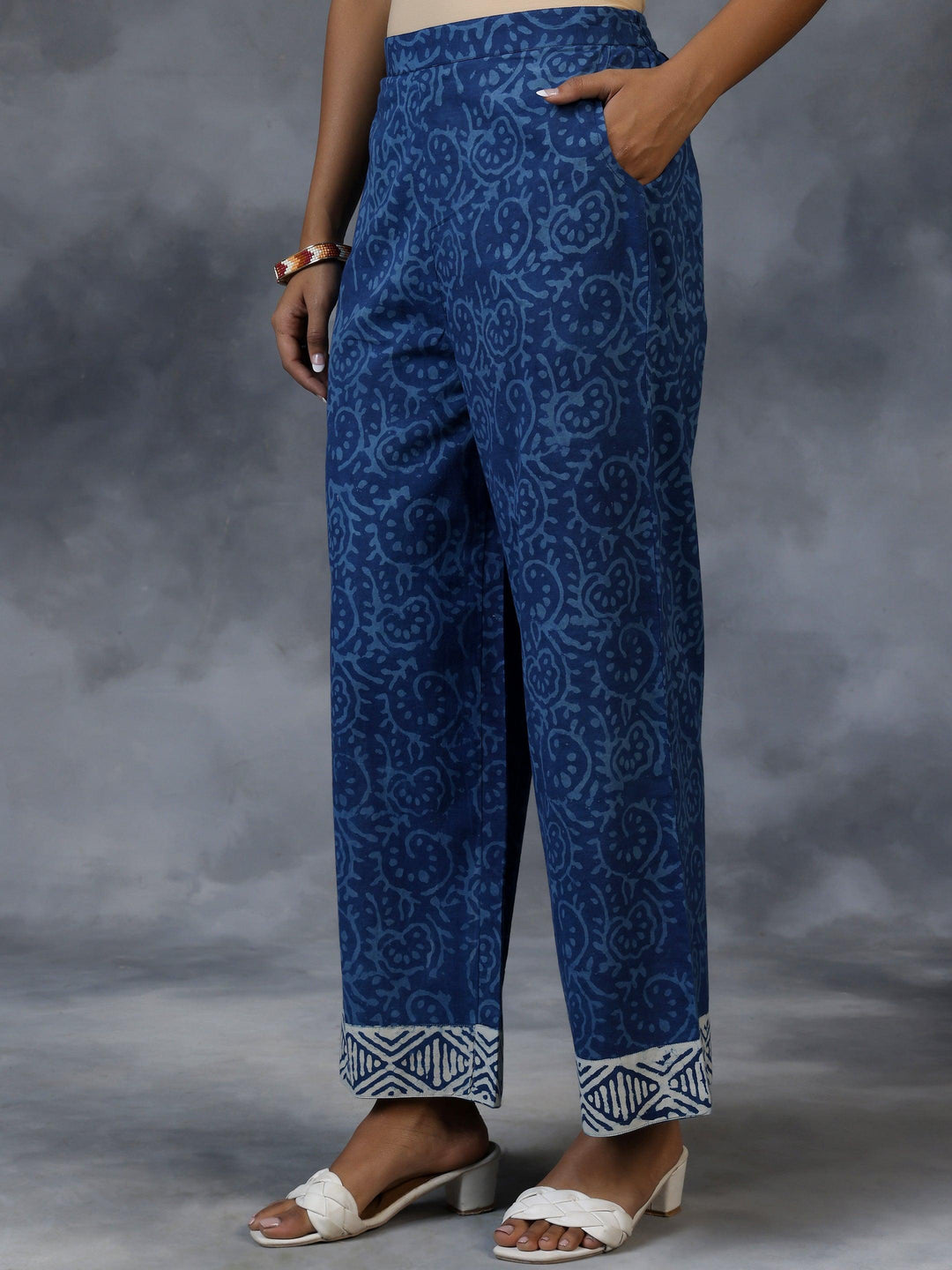 Blue Printed Cotton A-Line Kurta With Palazzos & Dupatta - Libas