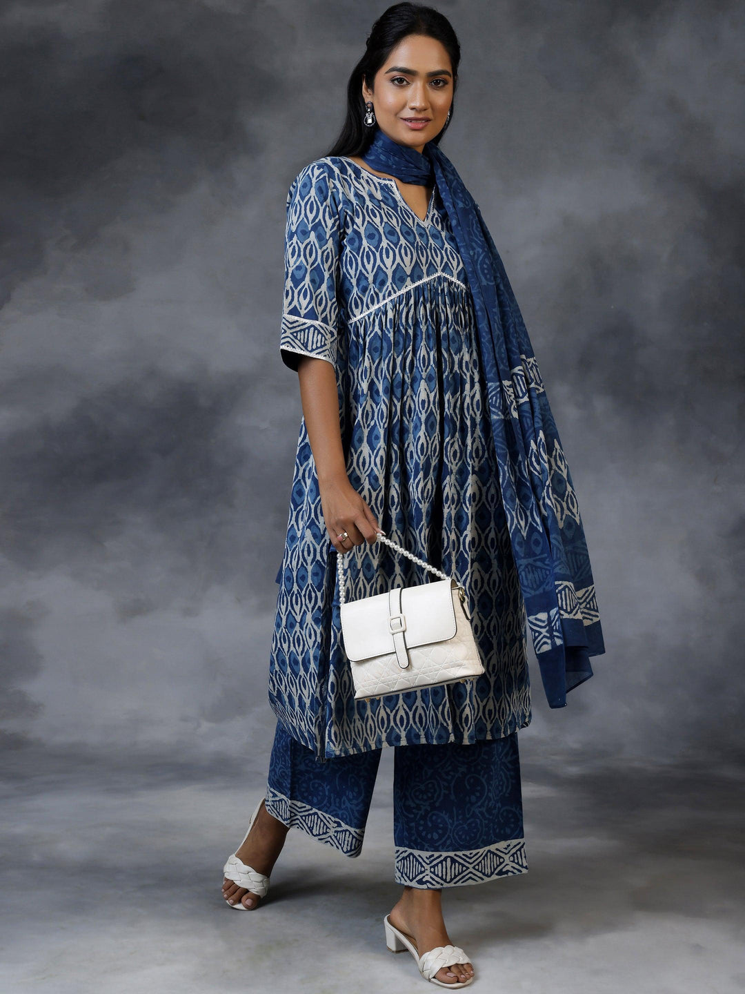 Blue Printed Cotton A-Line Kurta With Palazzos & Dupatta - Libas 