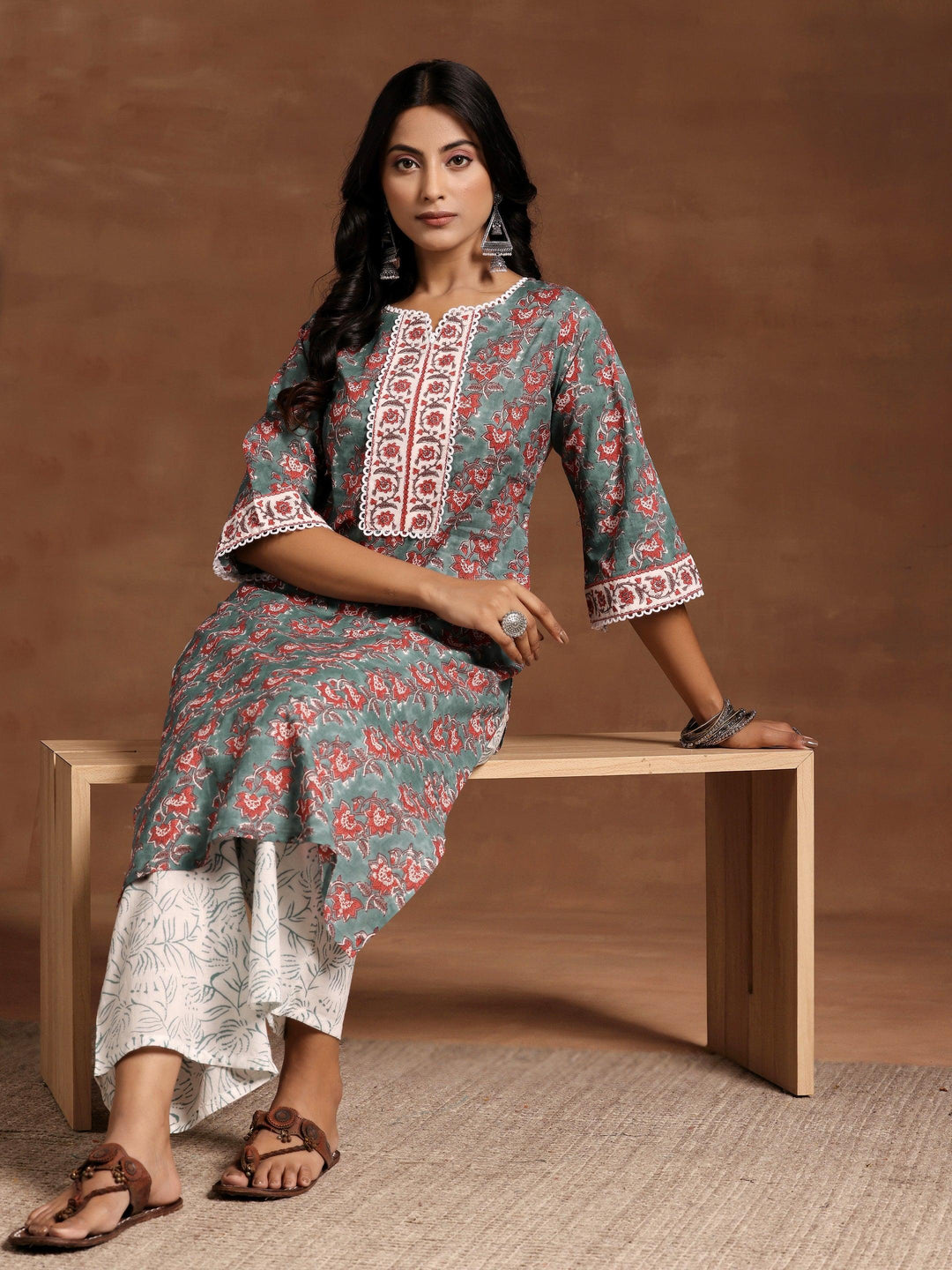 Green Printed Cotton Straight Kurta Set - Libas 