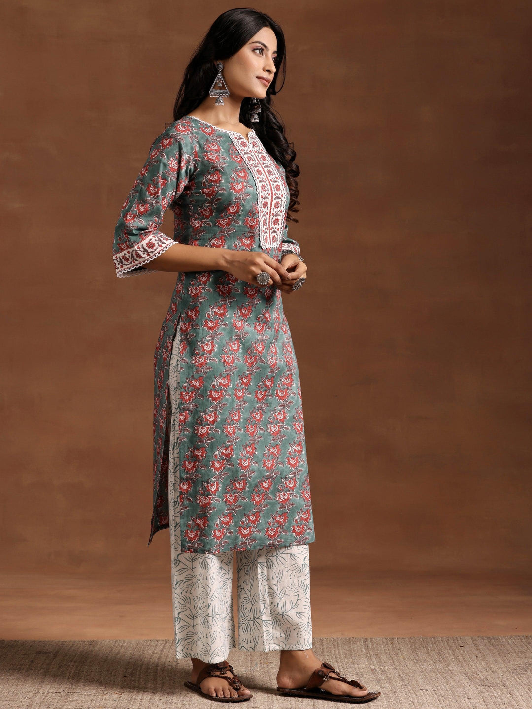 Green Printed Cotton Straight Kurta Set - Libas