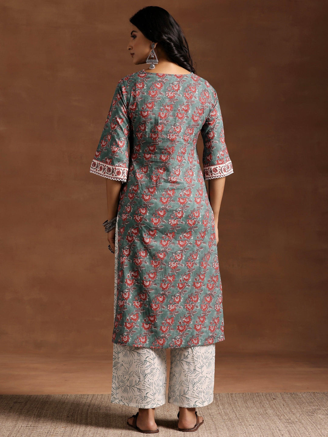 Green Printed Cotton Straight Kurta Set - Libas 