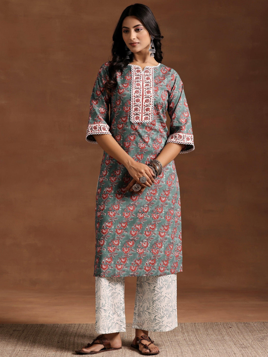 Green Printed Cotton Straight Kurta Set - Libas 