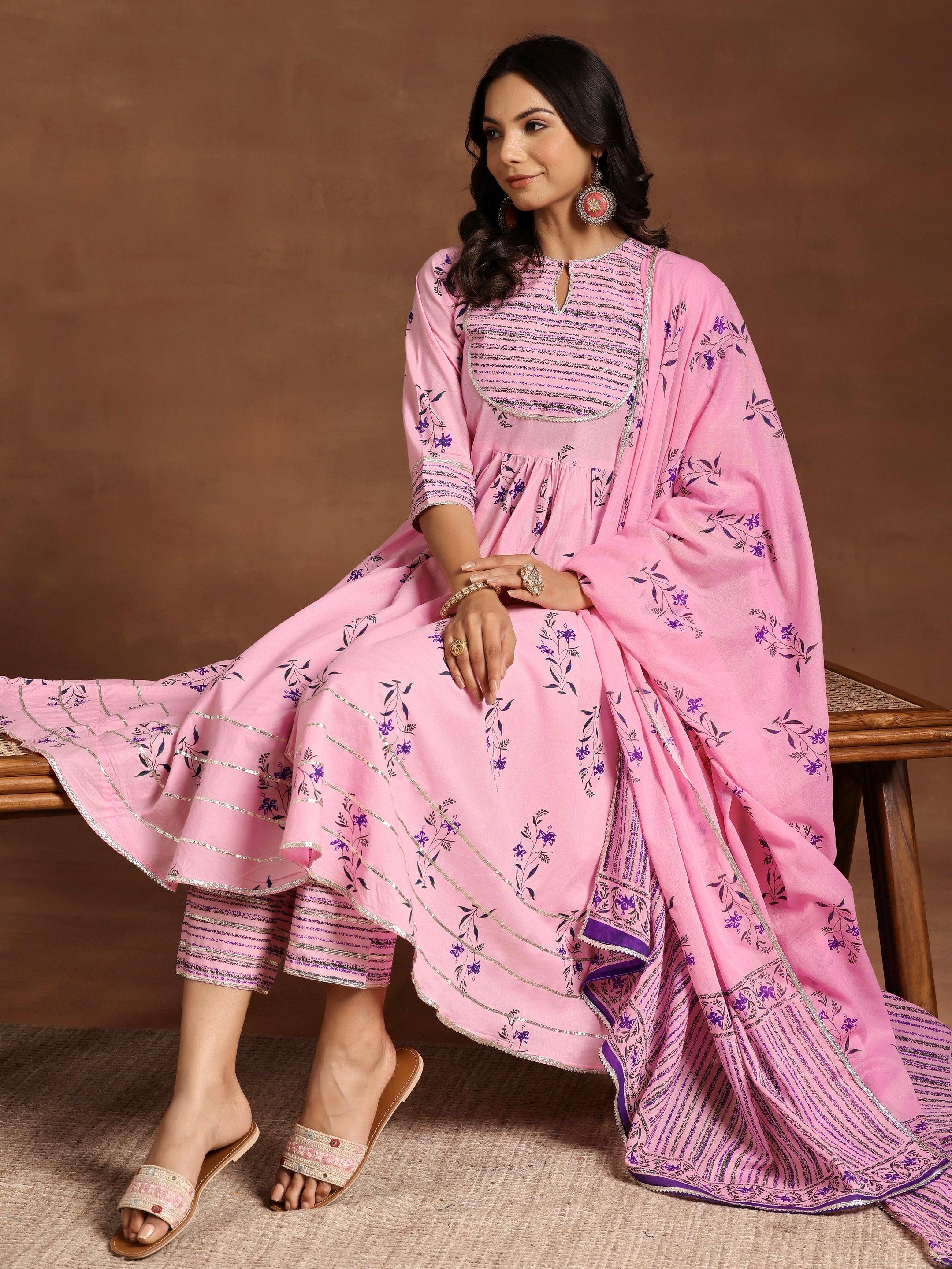 Pink Printed Cotton Anarkali Suit With Dupatta