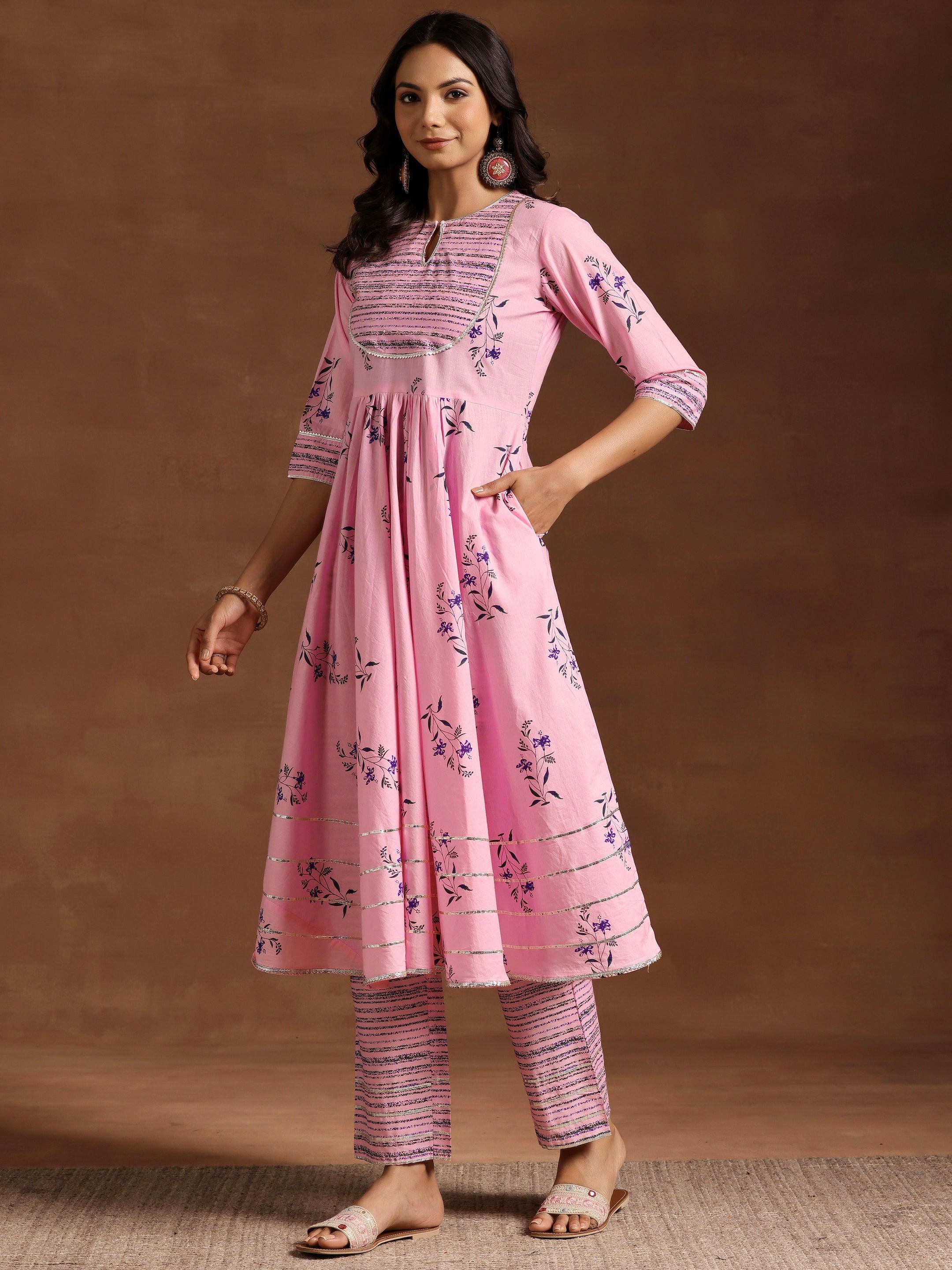Pink Printed Cotton Anarkali Suit With Dupatta