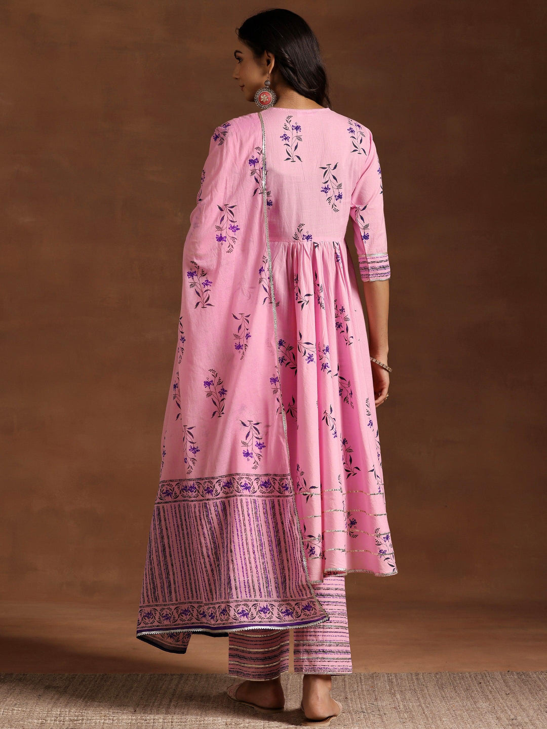 Pink Printed Cotton Anarkali Suit With Dupatta - Libas