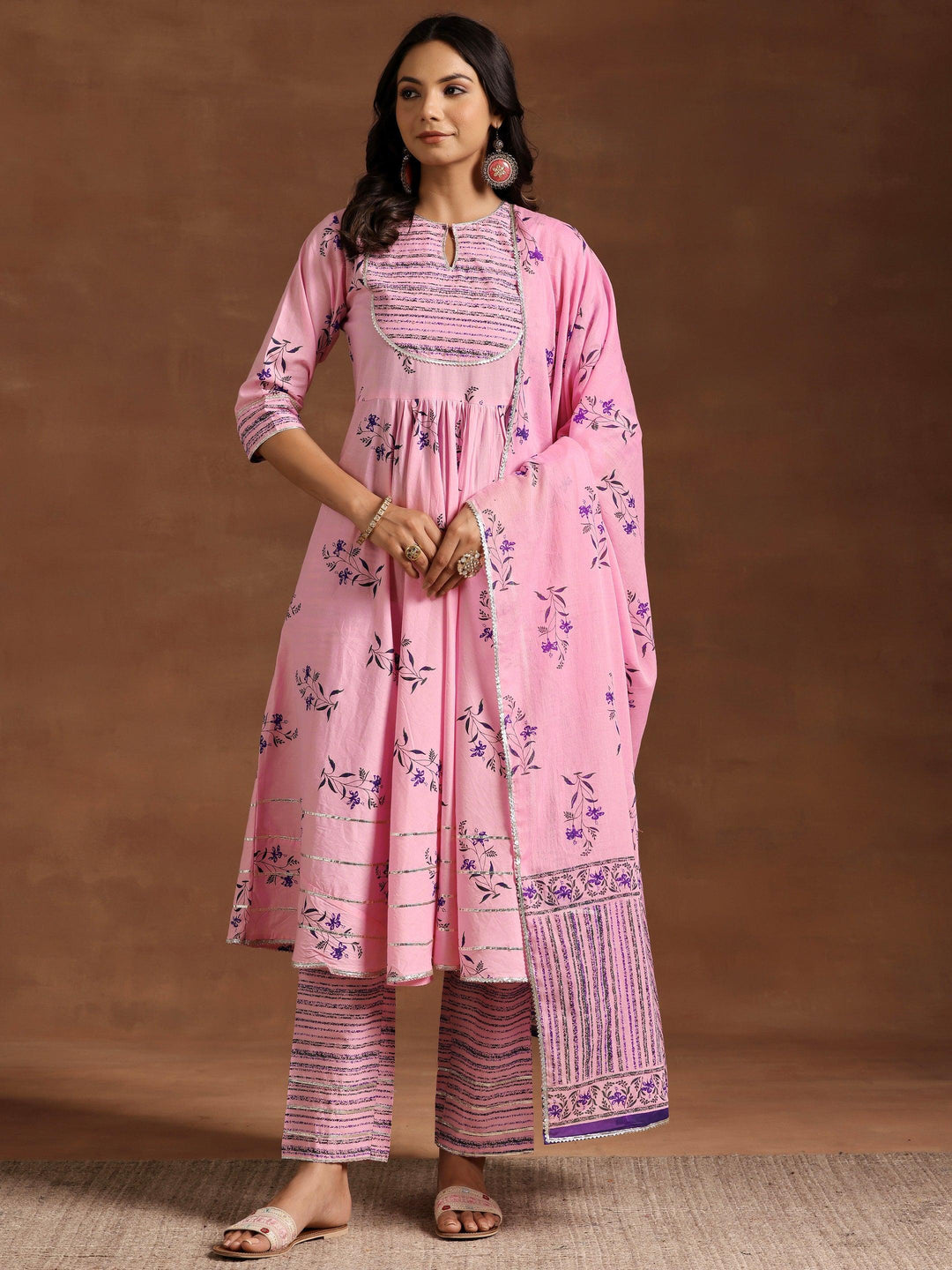 Pink Printed Cotton Anarkali Suit With Dupatta - Libas