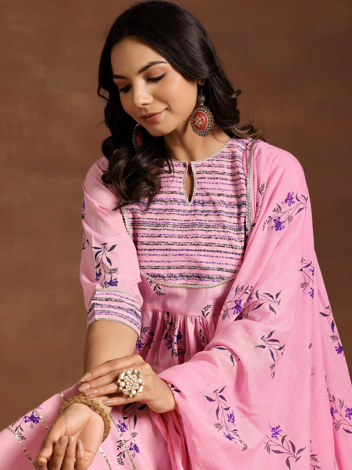 Pink Printed Cotton Anarkali Suit With Dupatta - Libas