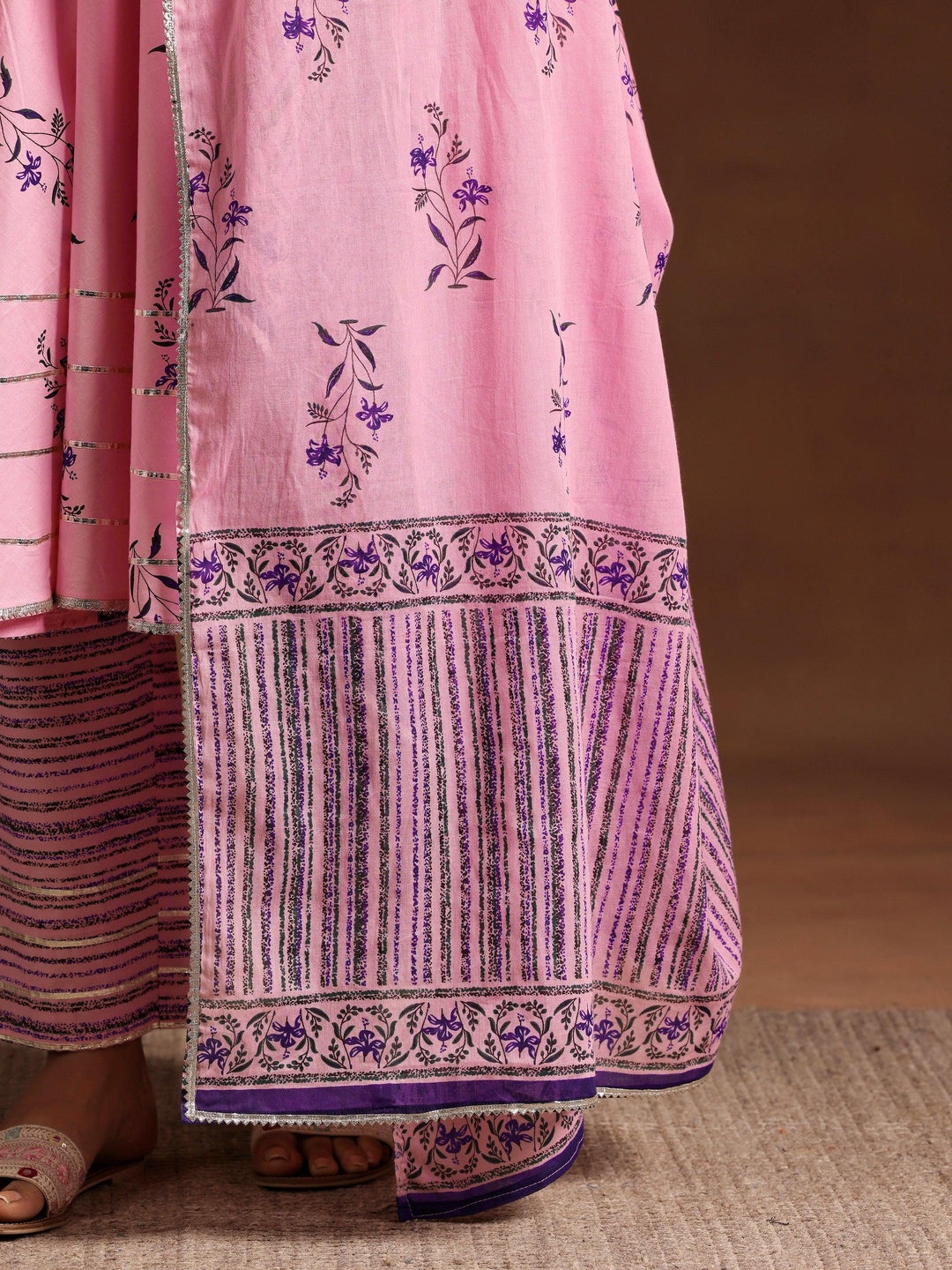 Pink Printed Cotton Anarkali Suit With Dupatta - Libas