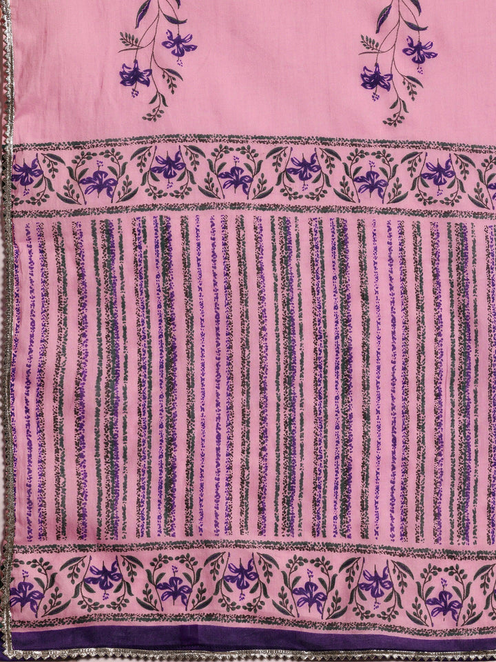 Pink Printed Cotton Anarkali Suit With Dupatta - Libas