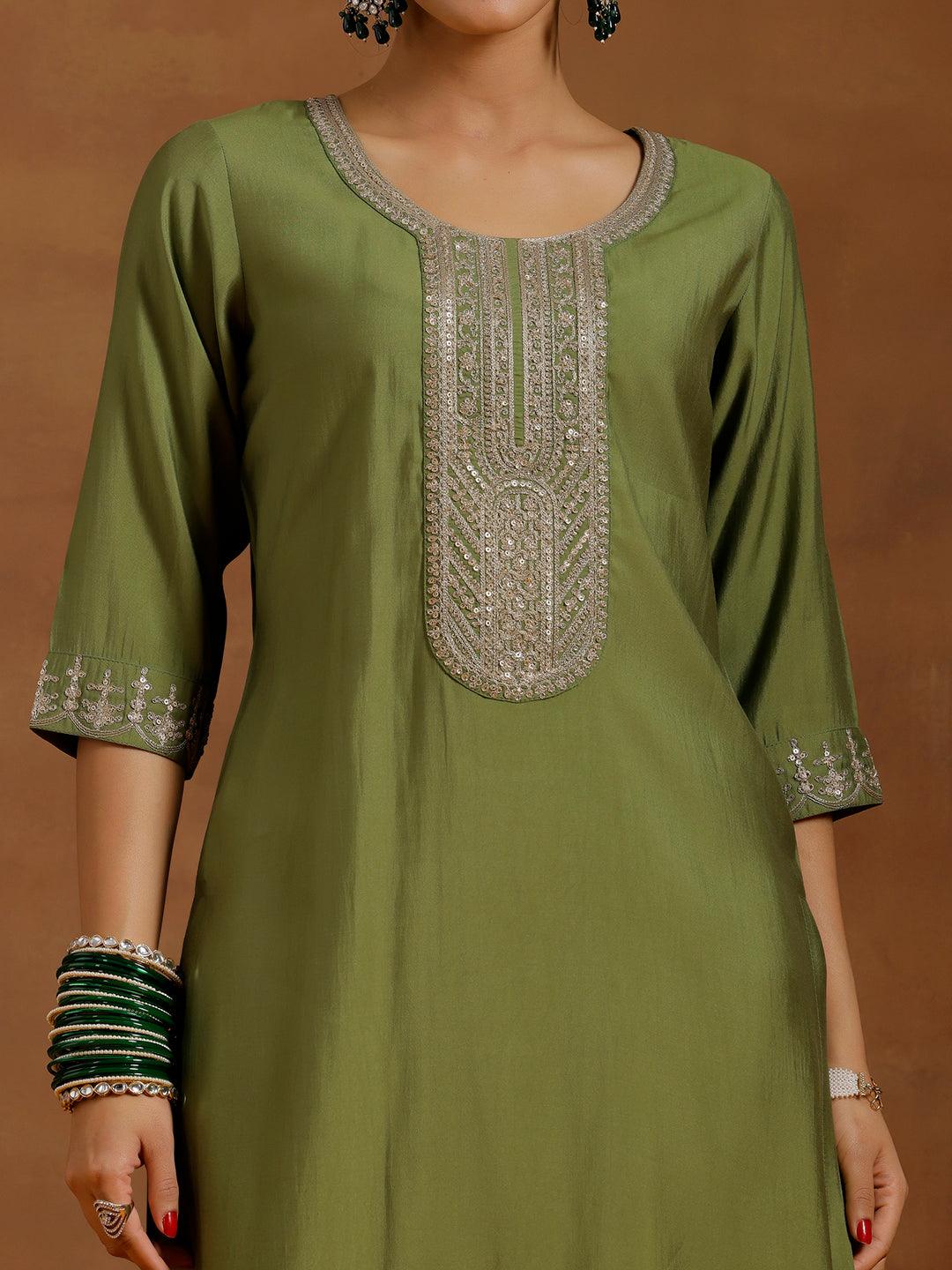 Green Yoke Design Silk Blend Straight Suit With Dupatta - Libas