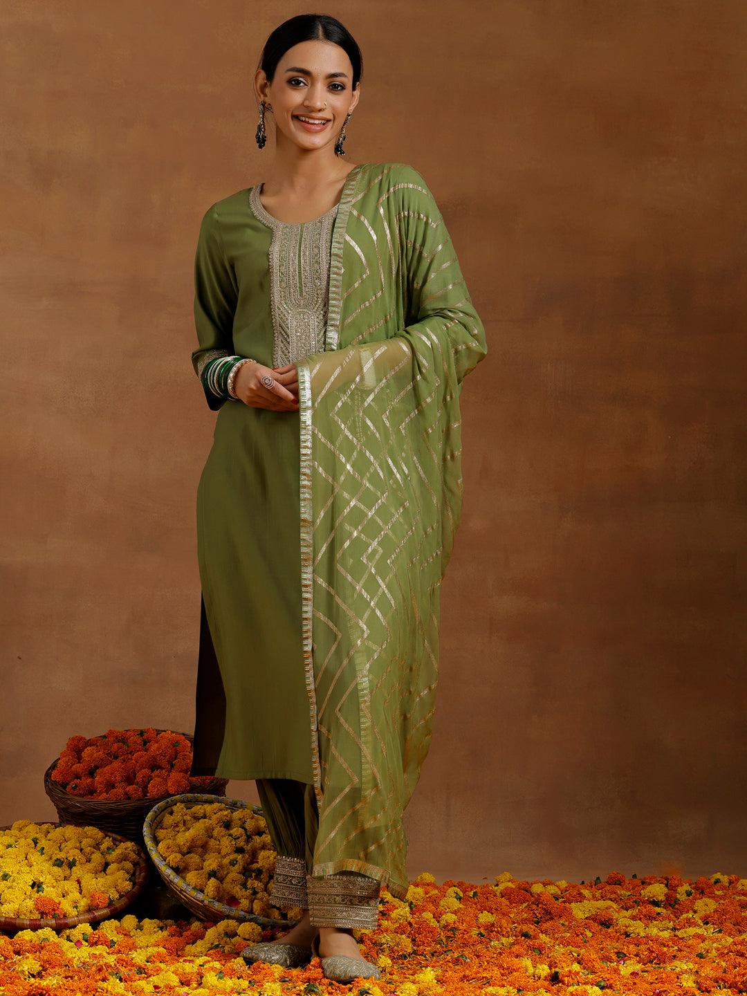 Green Yoke Design Silk Blend Straight Suit With Dupatta - Libas