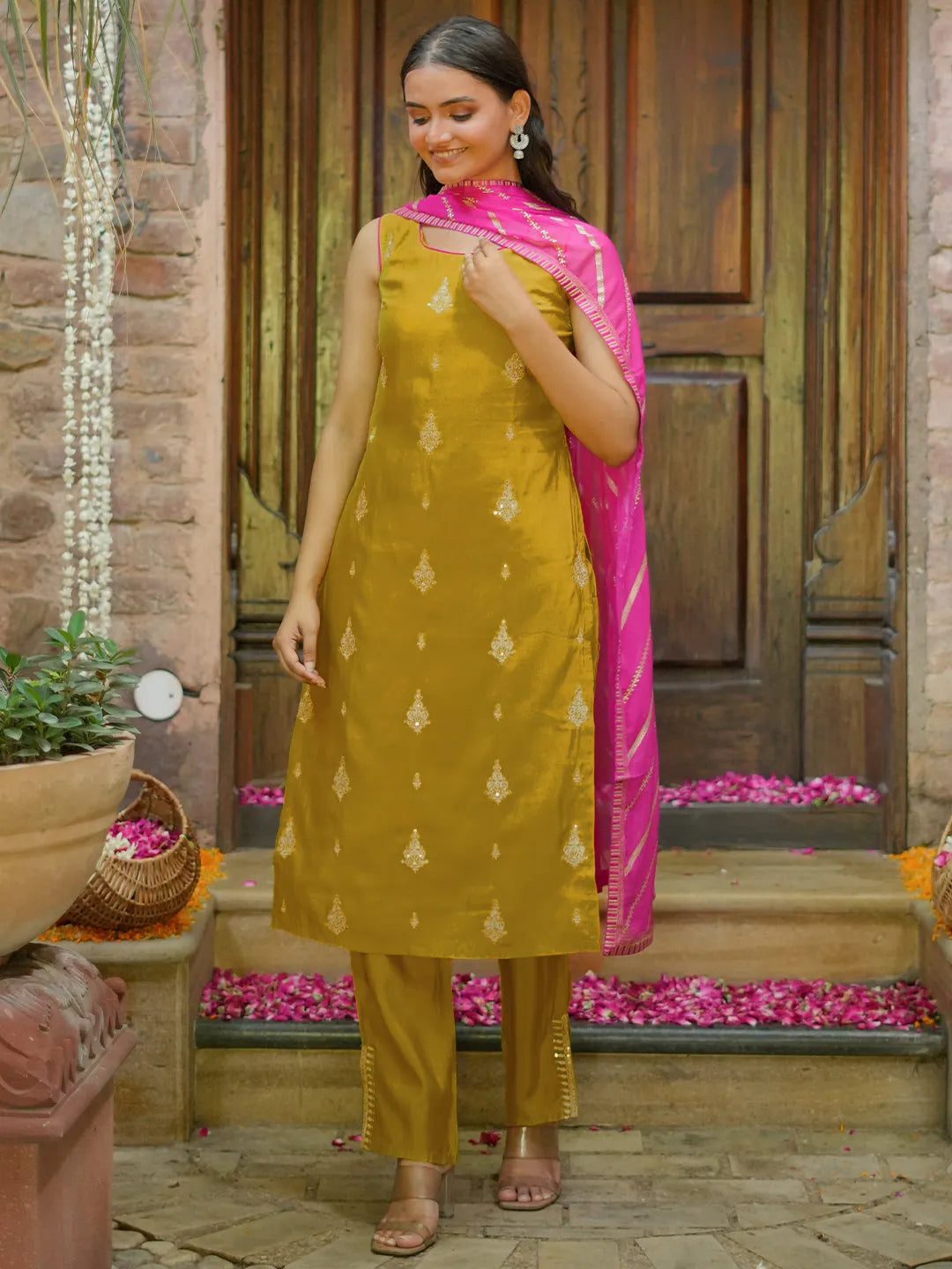 Mustard Embroidered Silk Blend Straight Suit With Dupatta