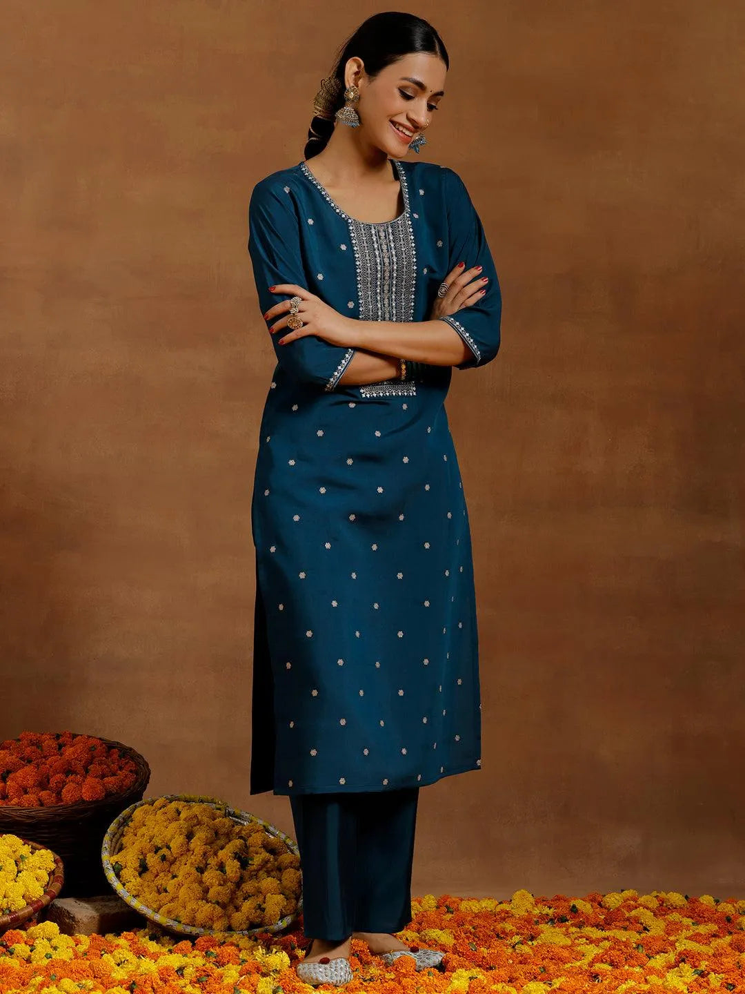 Blue Embroidered Silk Blend Straight Kurta Set - Libas 