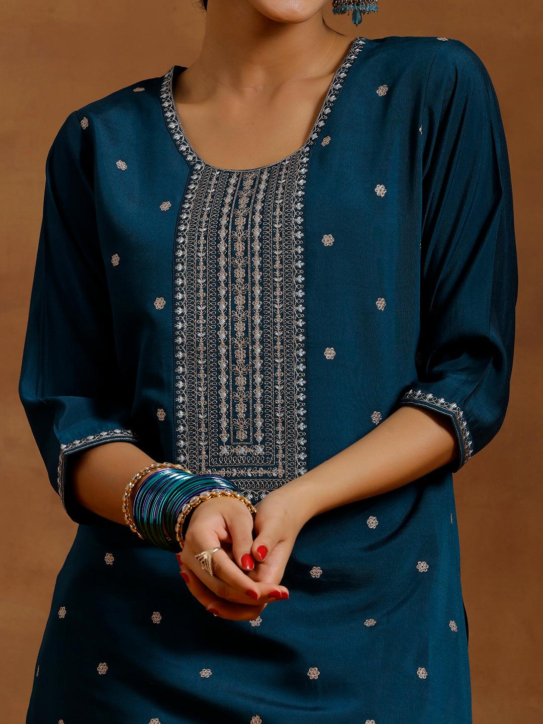 Blue Embroidered Silk Blend Straight Kurta Set - Libas 