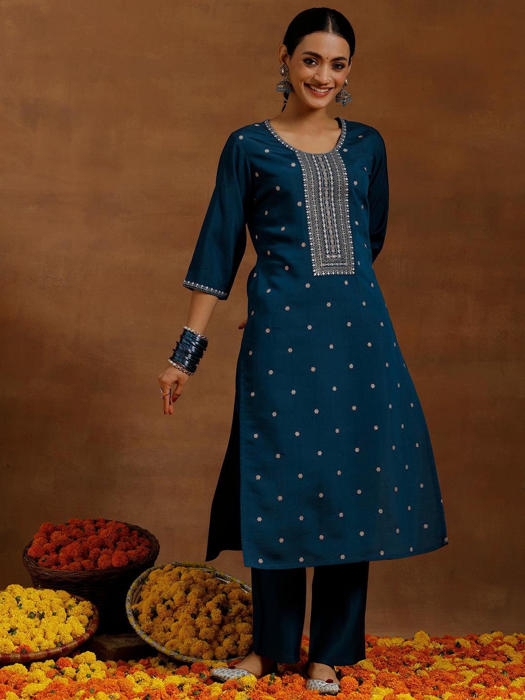 Blue Embroidered Silk Blend Straight Kurta Set - Libas 