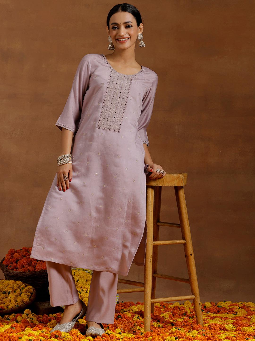 Lavender Embroidered Silk Blend Straight Kurta Set - Libas 