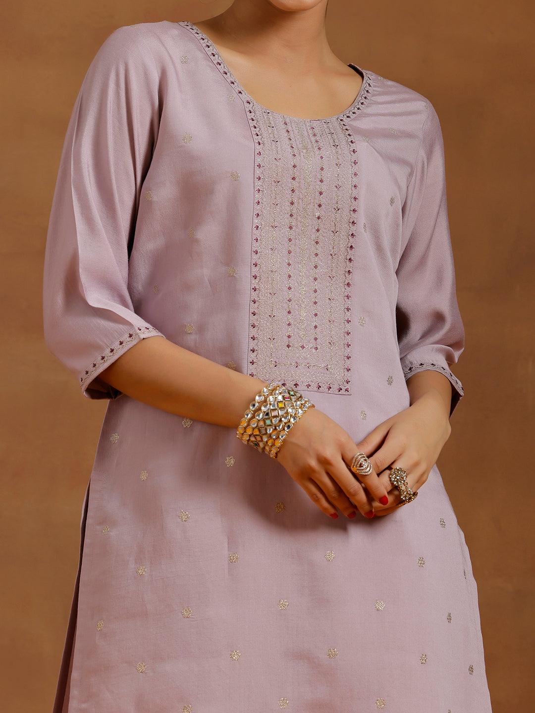 Lavender Embroidered Silk Blend Straight Kurta Set - Libas