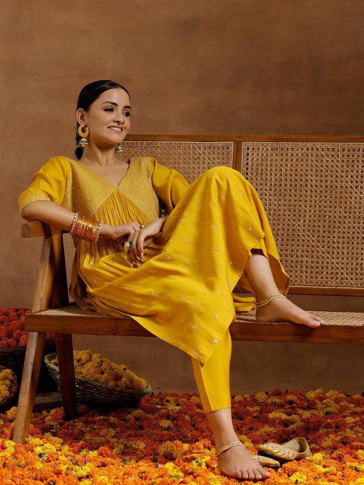 Mustard Embroidered Silk Blend A-Line Kurta With Trousers - Libas