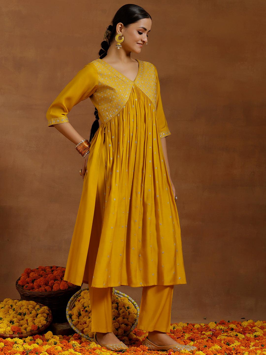 Mustard Embroidered Silk Blend A-Line Kurta With Trousers - Libas