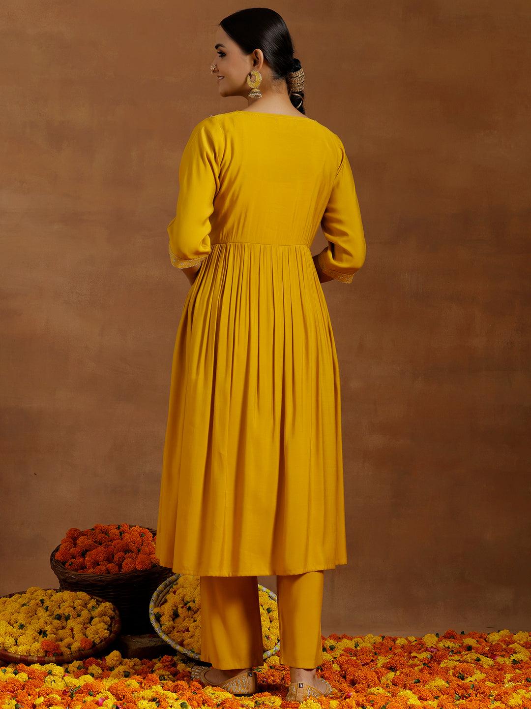 Mustard Embroidered Silk Blend A-Line Kurta With Trousers - Libas